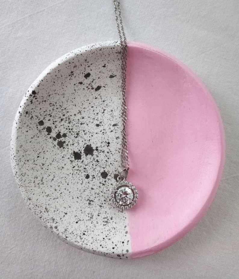 Handmade clay ring dish, trinket, half splatter, pink, black, hand painted image 3