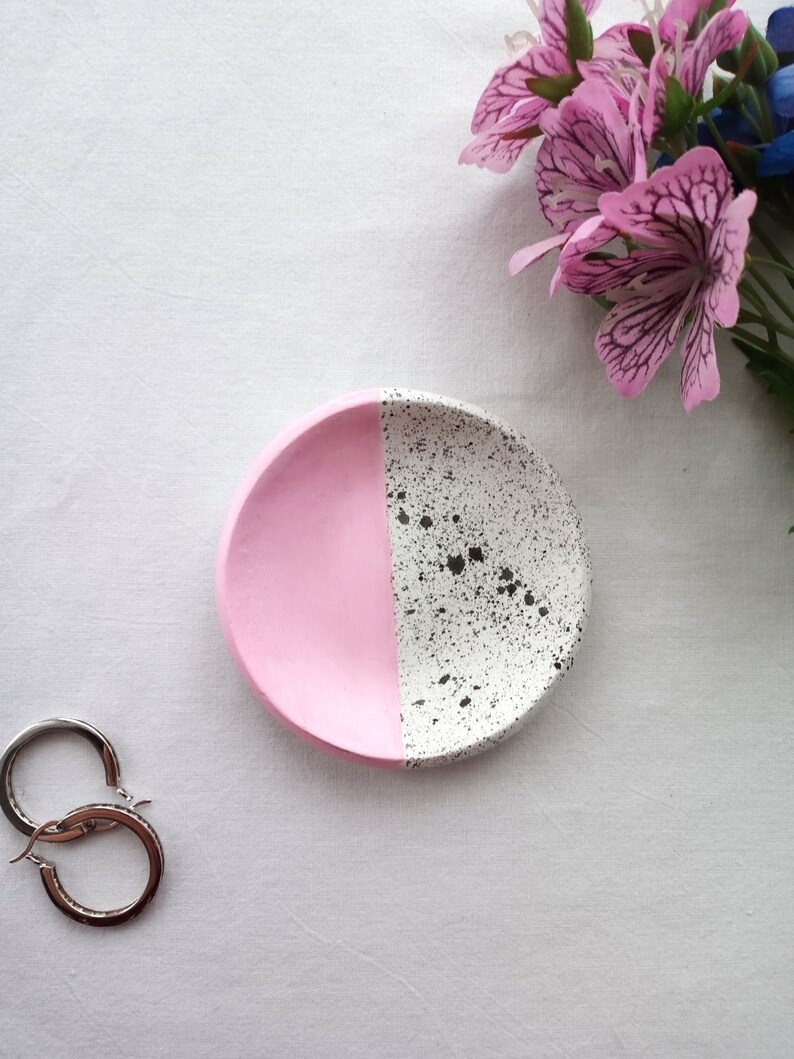 Handmade clay ring dish, trinket, half splatter, pink, black, hand painted image 1