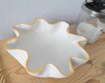 Handmade clay wavy edge bowl, ruffle, gold, white