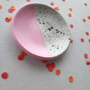 Handmade clay ring dish, trinket, half splatter, pink, black, hand painted image 7