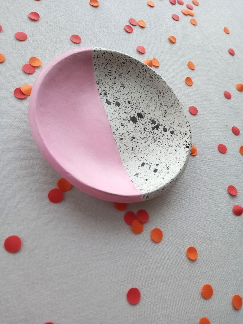 Handmade clay ring dish, trinket, half splatter, pink, black, hand painted image 7