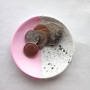 Handmade clay ring dish, trinket, half splatter, pink, black, hand painted image 6