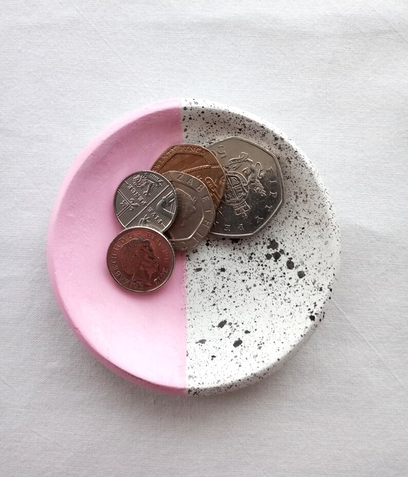 Handmade clay ring dish, trinket, half splatter, pink, black, hand painted image 6