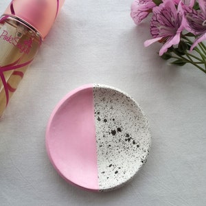Handmade clay ring dish, trinket, half splatter, pink, black, hand painted image 2