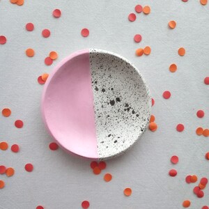 Handmade clay ring dish, trinket, half splatter, pink, black, hand painted image 8