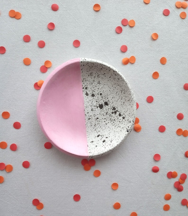 Handmade clay ring dish, trinket, half splatter, pink, black, hand painted image 8