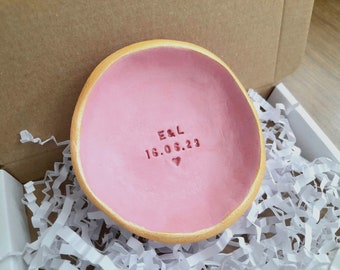 Handmade wedding ring dish with initials and date, engagement, pink, trinket, bride to be gift, couple