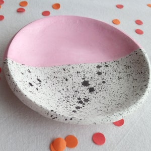 Handmade clay ring dish, trinket, half splatter, pink, black, hand painted image 4