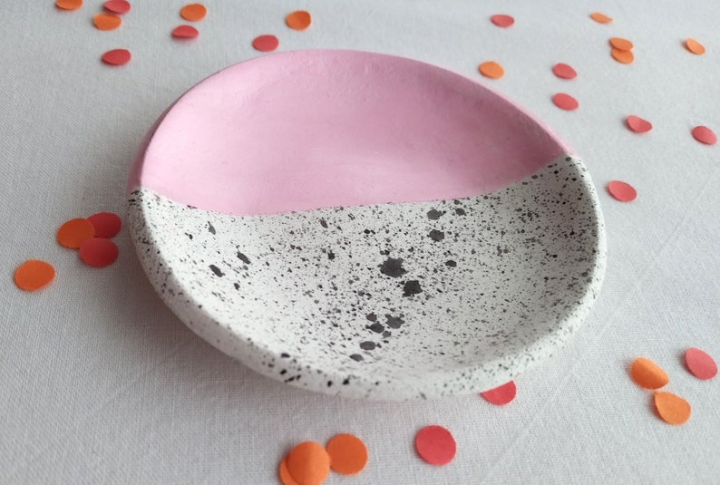 Handmade clay ring dish, trinket, half splatter, pink, black, hand painted image 4