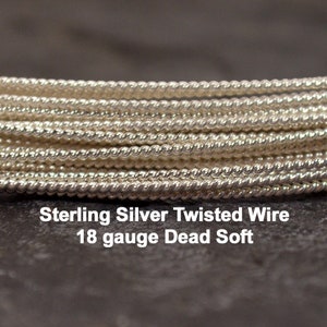 May include: Close-up of a bundle of sterling silver twisted wire. The wire is 18 gauge and dead soft. The text "Sterling Silver Twisted Wire 18 gauge Dead Soft" is displayed in white.