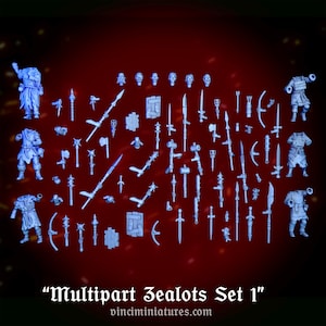 Pode incluir: Um conjunto de miniaturas de plástico impressas em 3D para jogos de tabuleiro. O conjunto inclui várias figuras de zelotes, armas e escudos. As figuras são de cor azul claro e estão dispostas sobre um fundo vermelho. O texto "Multipart Zealots Set 1" está na parte inferior da imagem.