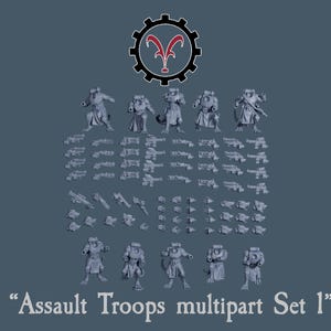 May include: A set of grey multipart miniatures, featuring several figures and an assortment of weapons, set against a grey backdrop. The text "Assault Troops multipart Set 1" is at the bottom. A gear-shaped logo is at the top.