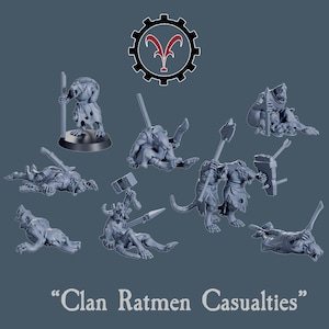 Peut inclure: Ensemble de figurines grises de Clan Ratmen, dans diverses poses et avec des armes, sur fond bleu-gris. Le texte "Clan Ratmen Casualties" est affiché en dessous, avec un logo d'engrenage et d'emblème au-dessus.