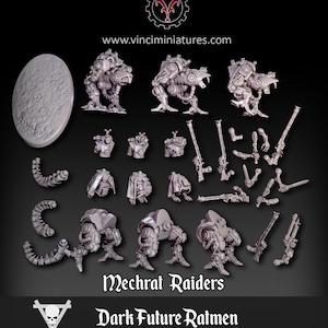 May include: A set of 3D printed miniature mechrat raiders for tabletop gaming. The set includes multiple pieces for assembling the mechs, including torsos, legs, arms, and weapons. The mechs are designed in a futuristic style with a dark grey colour.