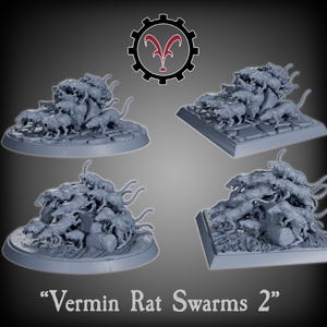 May include: Four miniature grey rat swarms are shown on various bases. Each swarm consists of numerous rats. The bases are different shapes, including round and square. The text "Vermin Rat Swarms 2" is at the bottom. A logo is at the top.