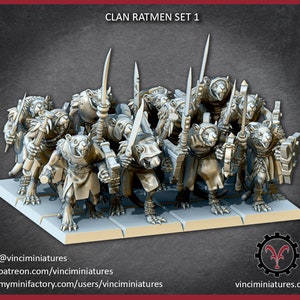 Può includere: Un set di 12 miniature non dipinte di guerrieri ratmen, ognuno con un'arma e uno scudo. Le miniature sono in una varietà di pose di combattimento. Il set si chiama "Clan Ratmen Set 1".