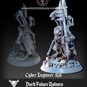 May include: A grey, detailed miniature of a cybernetic rat engineer, holding a large, mechanical weapon. The rat is wearing a hooded cloak and has a gas mask. The miniature is standing on a circular base with a gear design.