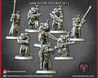 Puede incluir: Un conjunto de 7 figuras en miniatura grises impresas en 3D de ratas que llevan armaduras futuristas y sostienen armas. Las figuras están en varias posturas de acción. El título "DARK FUTURE TECH RATS SET 1" está impreso en la parte superior de la imagen.