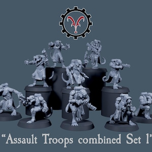 May include: A collection of gray miniature figures, resembling anthropomorphic rodents in military attire, are displayed on a dark gray surface. The figures are armed with rifles and other weaponry. The text "Assault Troops combined Set 1" is at the bottom.