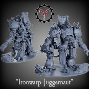 May include: Two gray Ironwarp Juggernaut miniatures are displayed, one in front of the other. The text "Ironwarp Juggernaut" is at the bottom. The height is 150 mm. A gear-shaped logo is at the top. The miniatures are on a gray base.