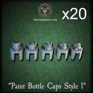 May include: Five gray paint bottle caps, Style 1, are displayed on a green background. The caps have detailed designs and sit on small, white, rectangular stands. The image also includes the text "x20" and the website vinciminiatures.com.
