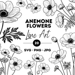 Anemone Flower Art Line SVG Files Bundle, Flower Bouquet SVG Set, Floral Clipart, Anemone Flower Design, Pack Of 20, Instant Download