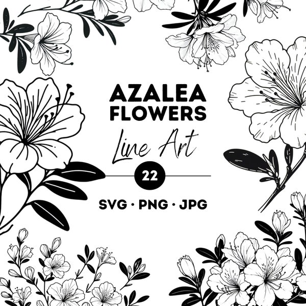 Azalea Flower Art Line SVG Files Bundle, Wedding Botanical SVG Set, Azalea PNG Bundle, Azalea Flower Design, Pack Of 20, Instant Download