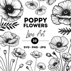 Poppy Flower Art Line SVG Files Bundle, Wedding Botanical SVG Set, Poppy PNG Bundle, Poppy Flowers Design, Pack Of 20, Instant Download