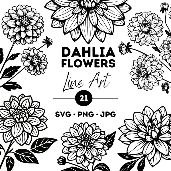 Dahlia Flower Art Line SVG Bundle, Floral Design SVG Bundle Set, Dahlia Bouquet PNG, Dahlia Flower Design, Pack Of 20+, Instant Download