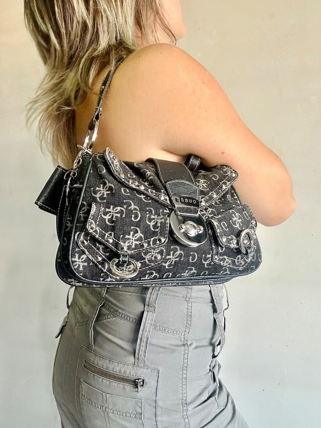 Y2k Guess Bag Jeans Denim Silver Monogram Logged Borsa a Etsy