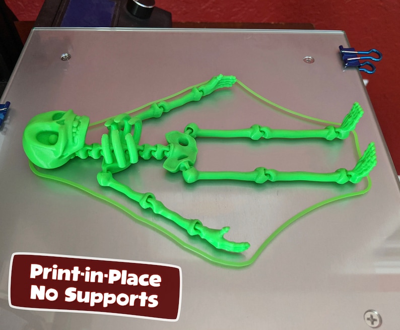 May include: A green plastic skeleton model printed in place with no supports. The skeleton is lying on a silver surface. The text "Print-in-Place No Supports" is visible in the lower left corner of the image.