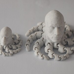 May include: Two 3D printed sculptures of a human head with a textured surface, each with a set of tentacles surrounding the head.