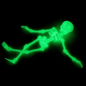 May include: A glow-in-the-dark skeleton toy in a lying down position. The skeleton is made of plastic and is a bright green color.