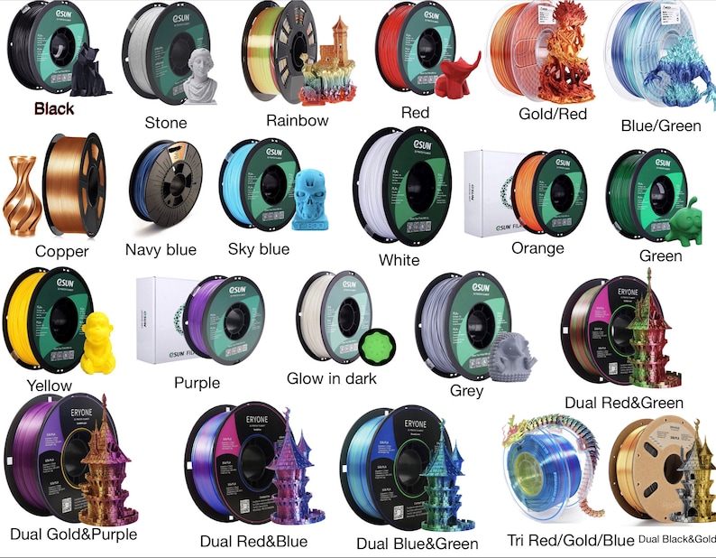 Puede incluir: Surtido de 16 carretes de filamento para impresi&oacute;n 3D en varios colores, incluidos negro, blanco, rojo, azul, verde, amarillo, morado, naranja, cobre, oro y arco&iacute;ris. Algunos carretes presentan filamentos de dos colores, como rojo y verde, oro y morado, y rojo y azul. Un carrete est&aacute; etiquetado como "Glow in the dark".