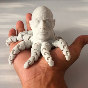 May include: A white 3D printed sculpture of a person's head with a textured surface, attached to the body of an octopus with eight tentacles.