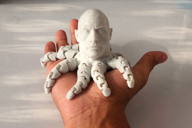 May include: A white 3D printed sculpture of a person's head with a textured surface, attached to the body of an octopus with eight tentacles.