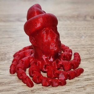 Puede incluir: Una figura de pulpo roja impresa en 3D con una superficie texturizada. El pulpo tiene una cabeza redonda y ocho tent&aacute;culos.