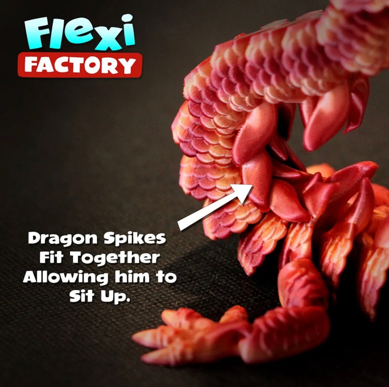 May include: A red and orange dragon figurine with a textured, scaly body. The dragon's spikes fit together, allowing it to sit up. The figurine is made by Flexi Factory.