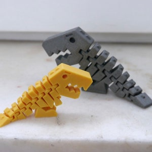 Può includere: Due scheletri di dinosauro articolati, uno giallo e uno grigio, sono posizionati su una superficie bianca. Gli scheletri sono in plastica e sono progettati per essere flessibili.