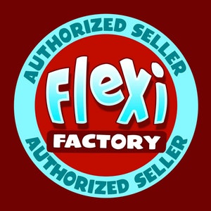 May include: A blue and white circle with the text "AUTHORIZED SELLER" around the edge. Inside the circle is the text "Flexi FACTORY" in white with a blue outline. The background is red.