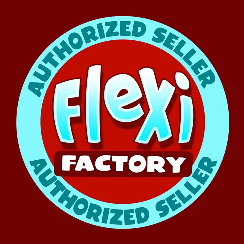 May include: A blue and white circle with the text "AUTHORIZED SELLER" around the edge. Inside the circle is the text "Flexi FACTORY" in white with a blue outline. The background is red.