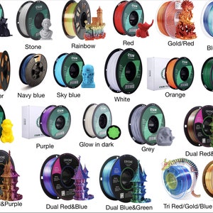 May include: Assortment of 16 spools of filament for 3D printing in various colors, including black, white, red, blue, green, yellow, purple, orange, copper, gold, and rainbow. Some spools feature dual color filaments, such as dual red and green, dual gold and purple, and dual red and blue.  One spool is labeled "Glow in the dark".