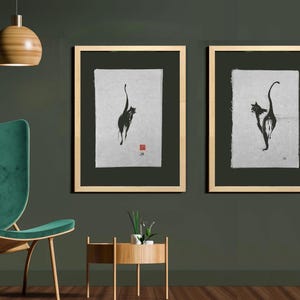 Sumi-e Ink Painting Black Cat, Japanese Zen Art on Rice Paper Minimalist Wall Decor 9&quot;×14&quot;  Black&White Artwork