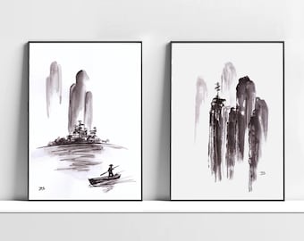 森川水墨画：墨絵風景画 - Etsy 日本