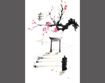 Original 'Way to the Temple' Sumi-e Ink Painting, Japanese Zen Artwork, Spiritual Path Landscape, Meditation Decor, 18x27 inches