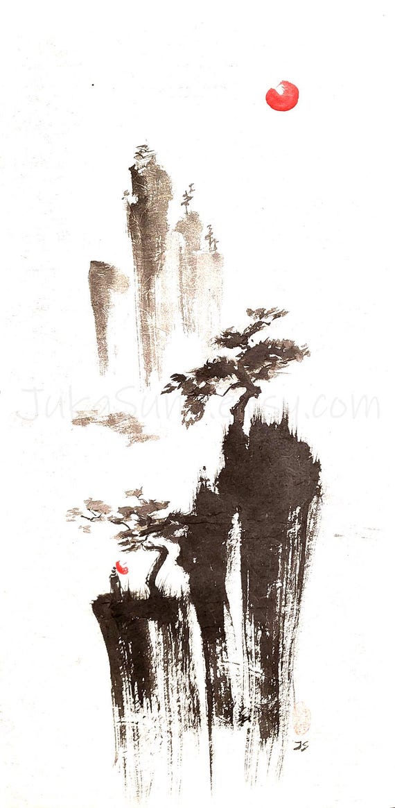 Japanese Sumie Ink Painting Set: Zen Landscape Art (14x18 Inch) - Etsy