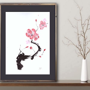 Dipinto a inchiostro giapponese originale Sumie, piccola opera d'arte Sakura Cherry Blossoms su carta per acquerello, 8 x 11 pollici