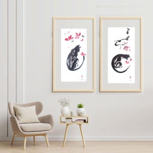 Sumi-e Ink Painting Black Cat, Sakura, Enso Circle, Japanese Zen Art on Mulberry Paper Minimalist Wall Decor 14&quot;×28&quot;  Black&White Artwork