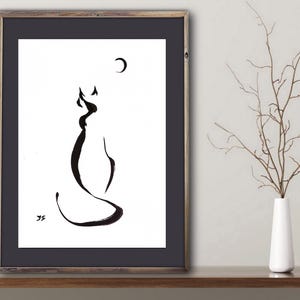 Pintura original de tinta japonesa de gato negro, obra de arte Sumie en blanco y negro