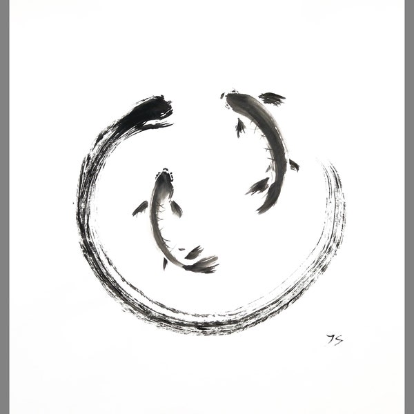 Enco cercle Yin Yang Koi poisson Feng Shui peinture originale à l'encre japonaise œuvre d'art 18 "x 18"